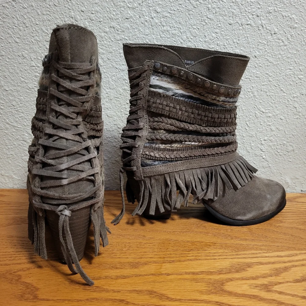 Naughty Monkey Brown Leather Fringe Poncho Heeled Booties Size 8